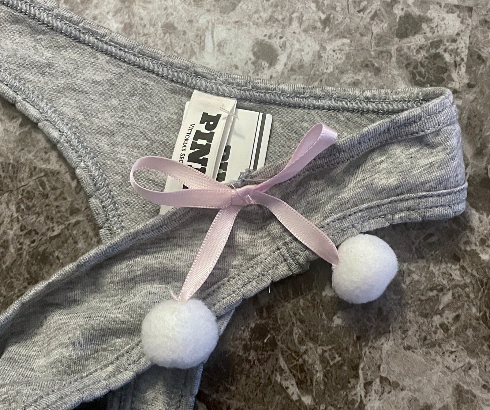 NWT VICTORIA’S SECRET PINK GRAY EMBROIDERED SNOWFLAKE POM POM BOW THONG PANTIES