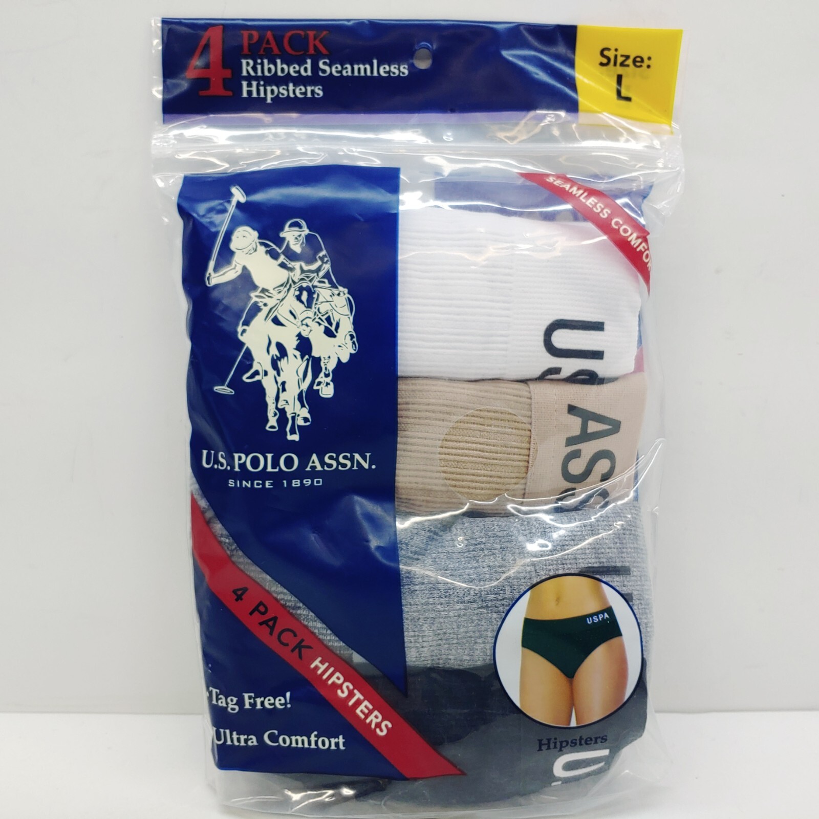 U.S. Polo Assn. 4 Pack Ribbed Seamless Hipsters Size L White Tan Gray Black