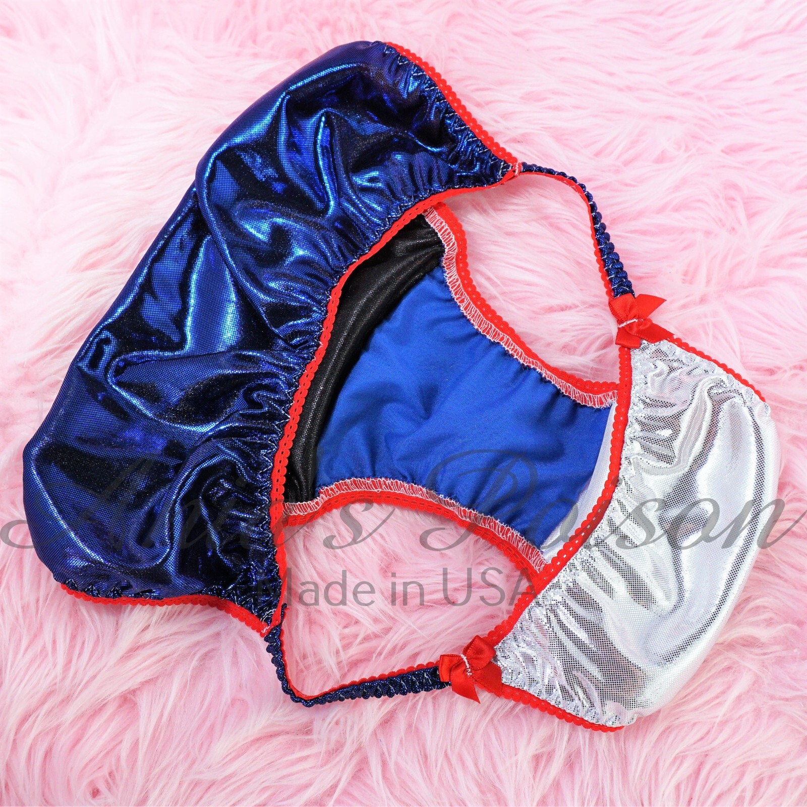 July 4th satin Metallic Foil Sissy DUCHESS CUT ladies string bikini panties 5-9