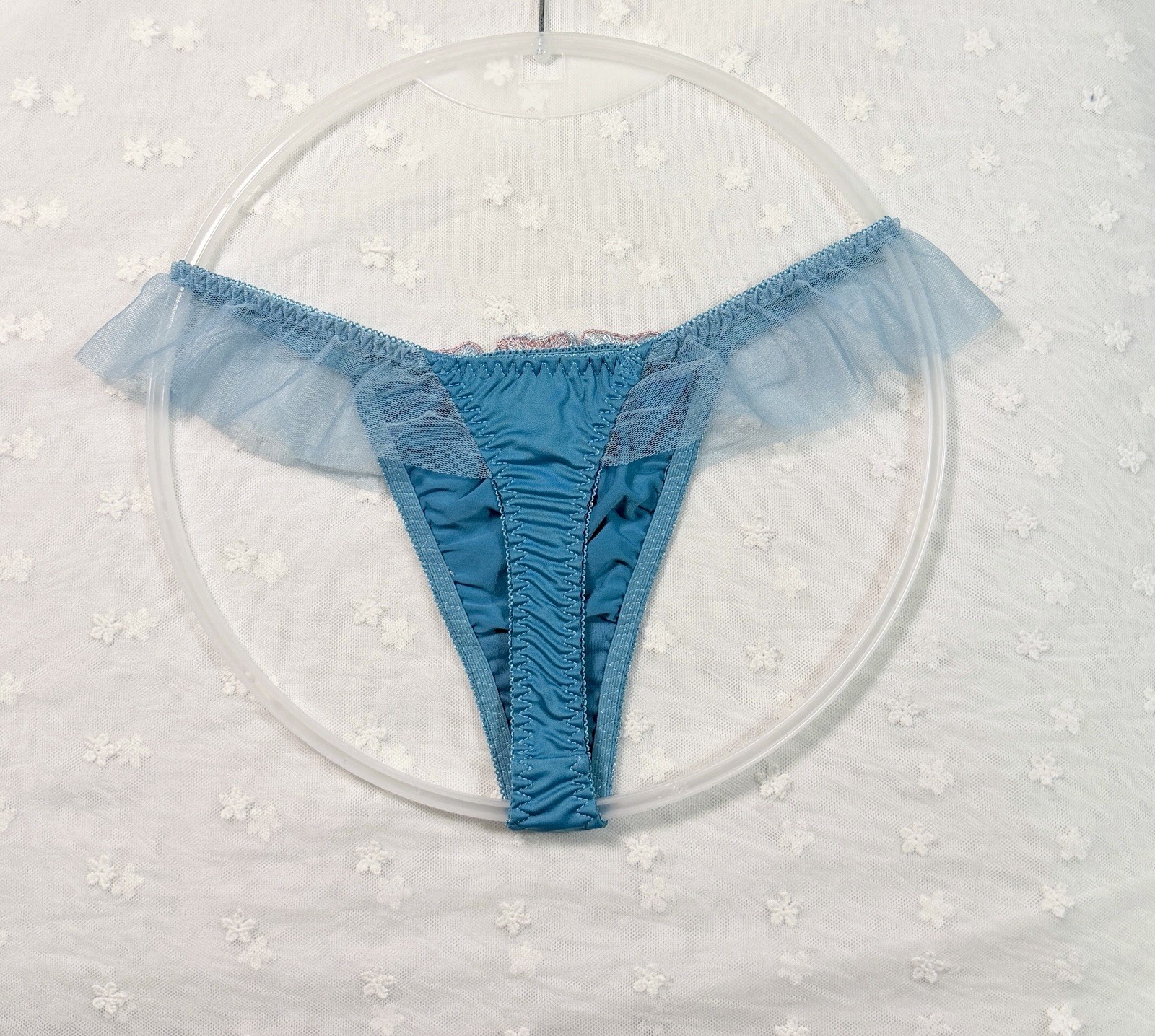 US-S/JP-L Japanese Brand Floral Embroidered Lace Ruffle Nylon Thong Panty