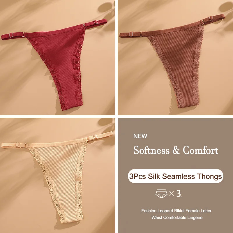 Low Rise Thong Panties Cotton Seamless Stretch Breathable Adjustable Fit 3PCS