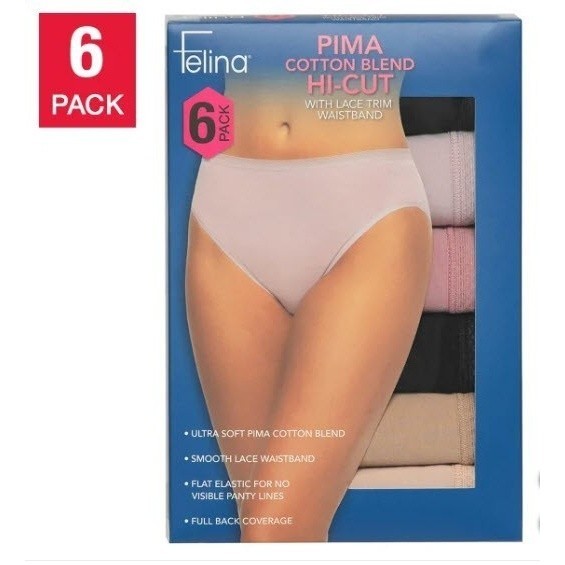 Felina 6 Pack Pima Cotton Blend Hi-cut with Lace Trim Waistband (Multi, Small)