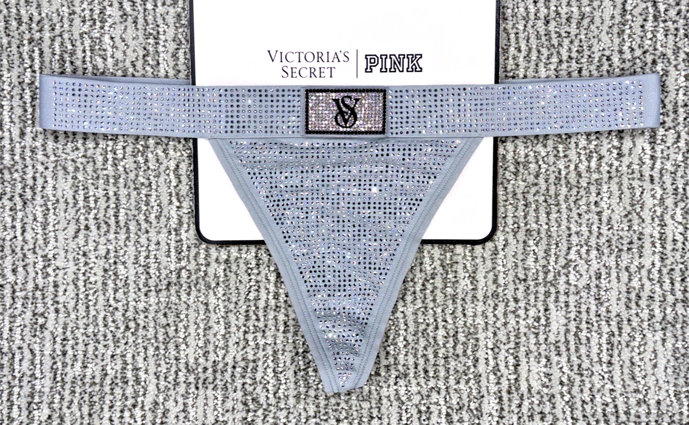 Victoria’s Secret NWT Small Gray Allover Rhinestone Shine Patch V String Panty