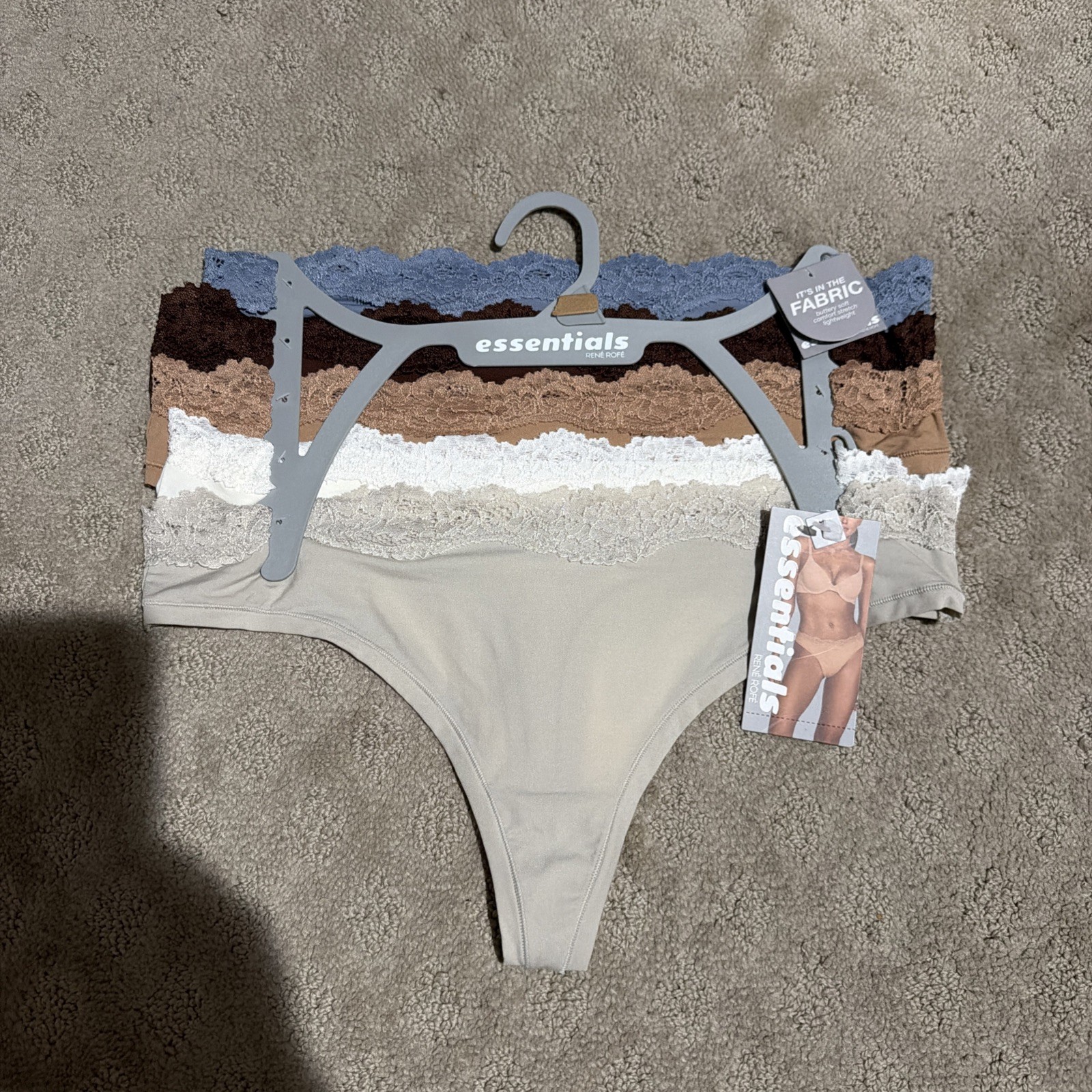 Essentials By Rene Rofe 5pk Flexible Fit Lace Trim Thongs. Sz L. NWT!