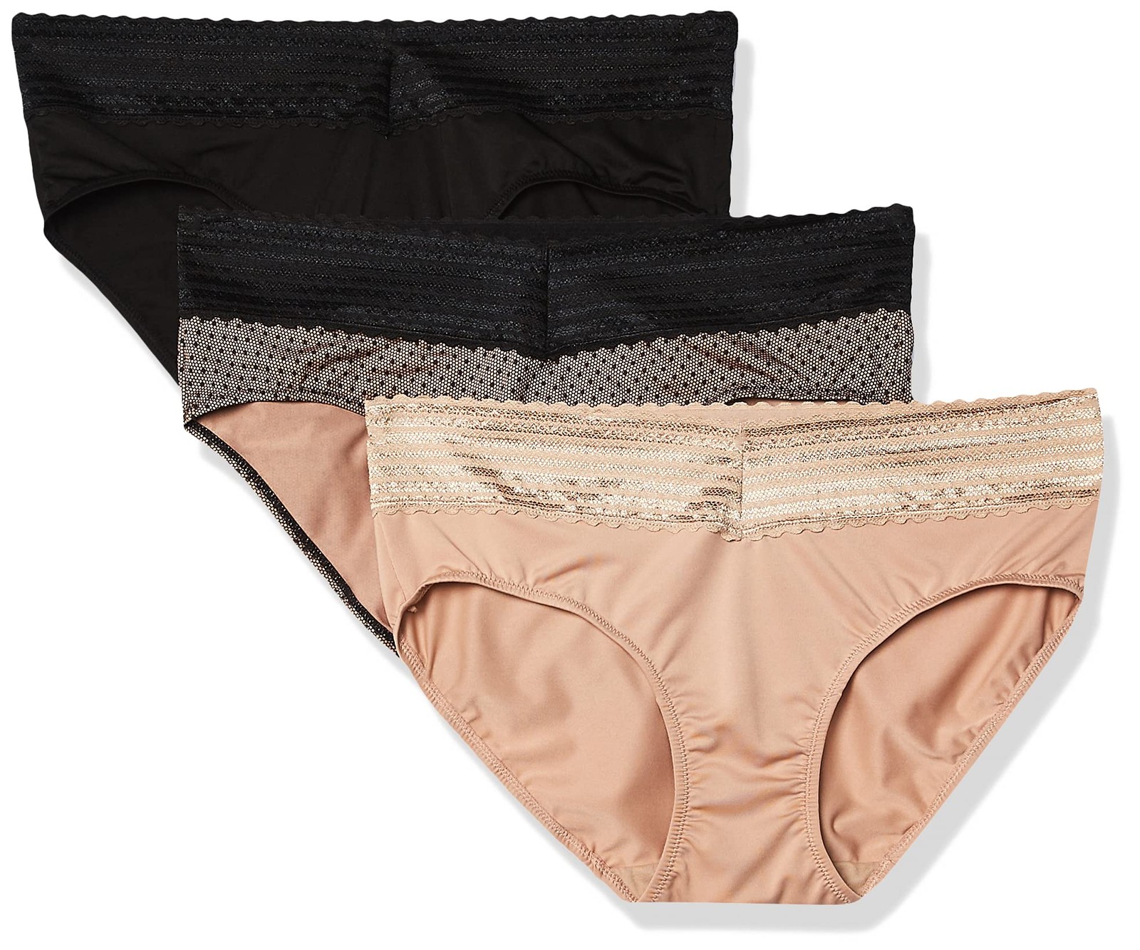 Women’s 3 Pack Hipster Panties, Black/Toasted Almond/Lace Dot, Size L