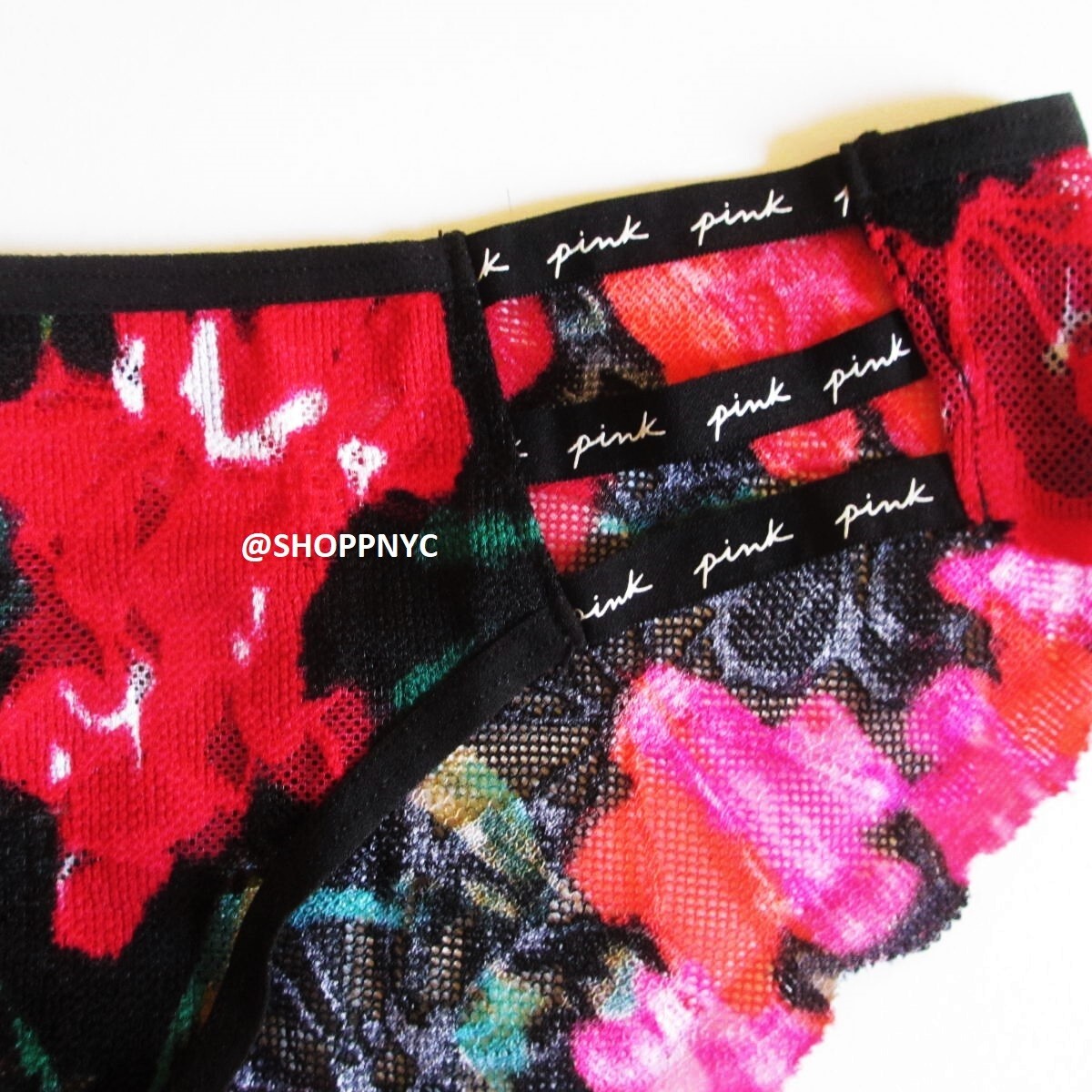 PINK Victoria Secret Strappy Logo Cheekster Panty Size S Black Red Floral Lace