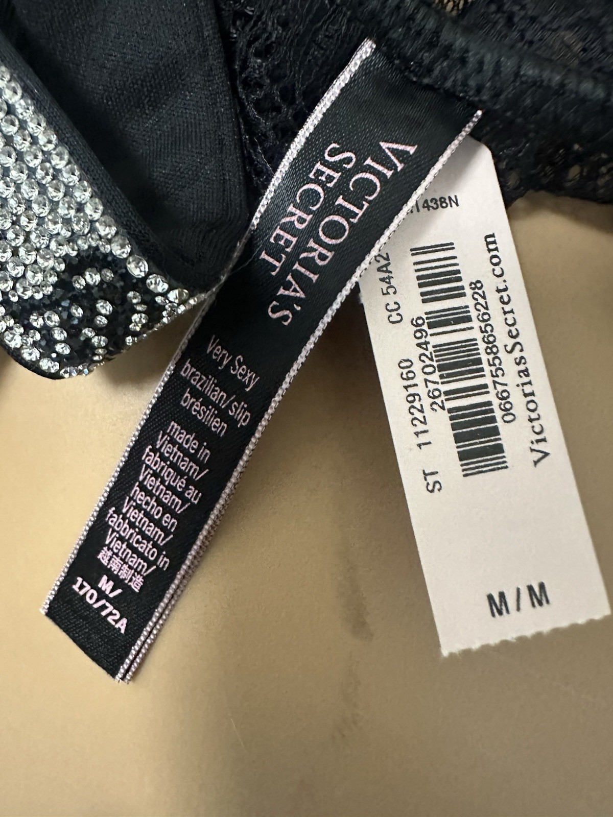 Victoria’s Secret Very Sexy Black Lace Brazilian Panty Rhinestone Straps M NWT
