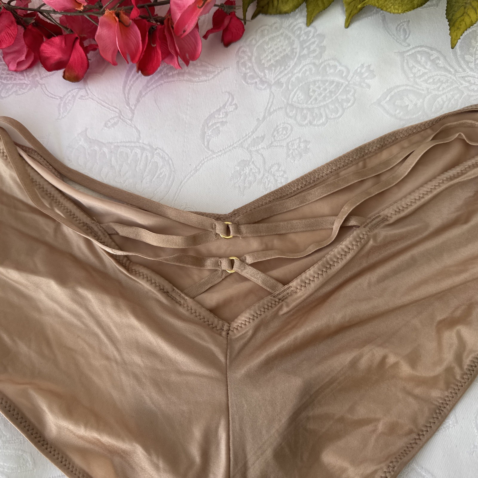 VICTORIA’S SECRET XL SILKY NUDE GOLD STRAPPY CUT OUT BACK CHEEKY PANTIES NWT