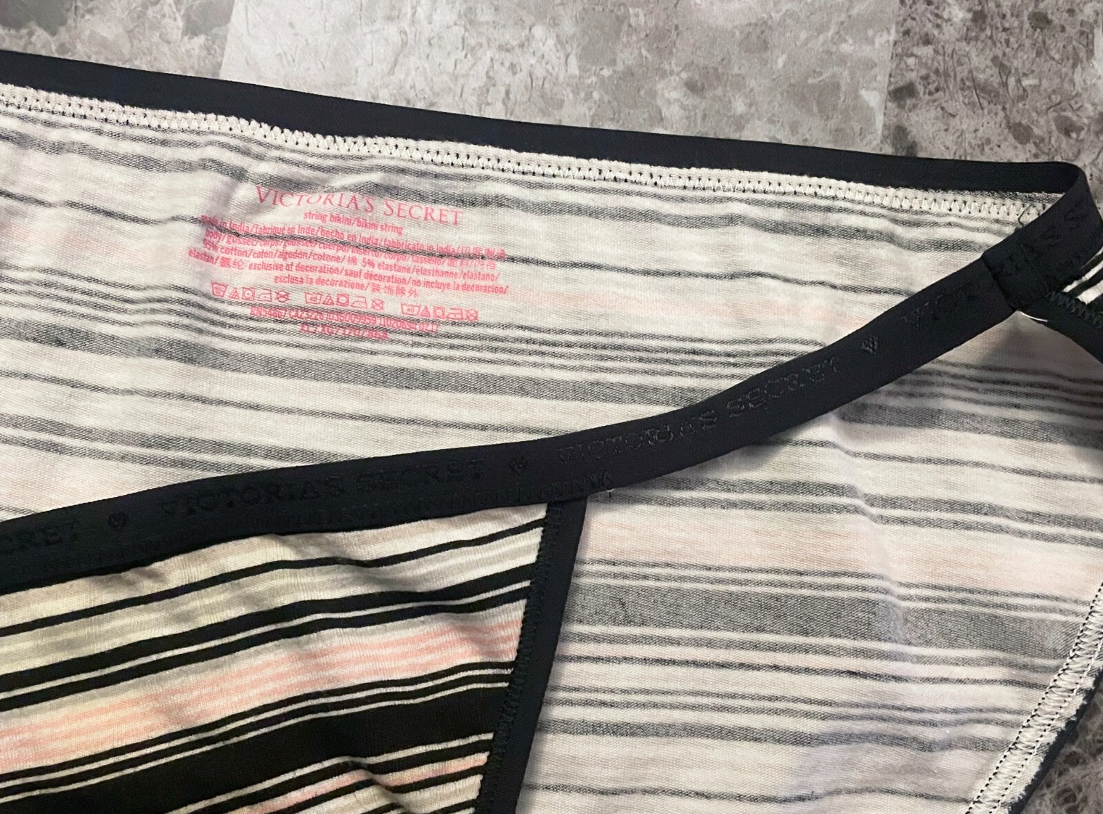 VICTORIA’S SECRET XL PINK BLACK GRAY STRIPE LOGO BAND RARE STRING BIKINI PANTIES