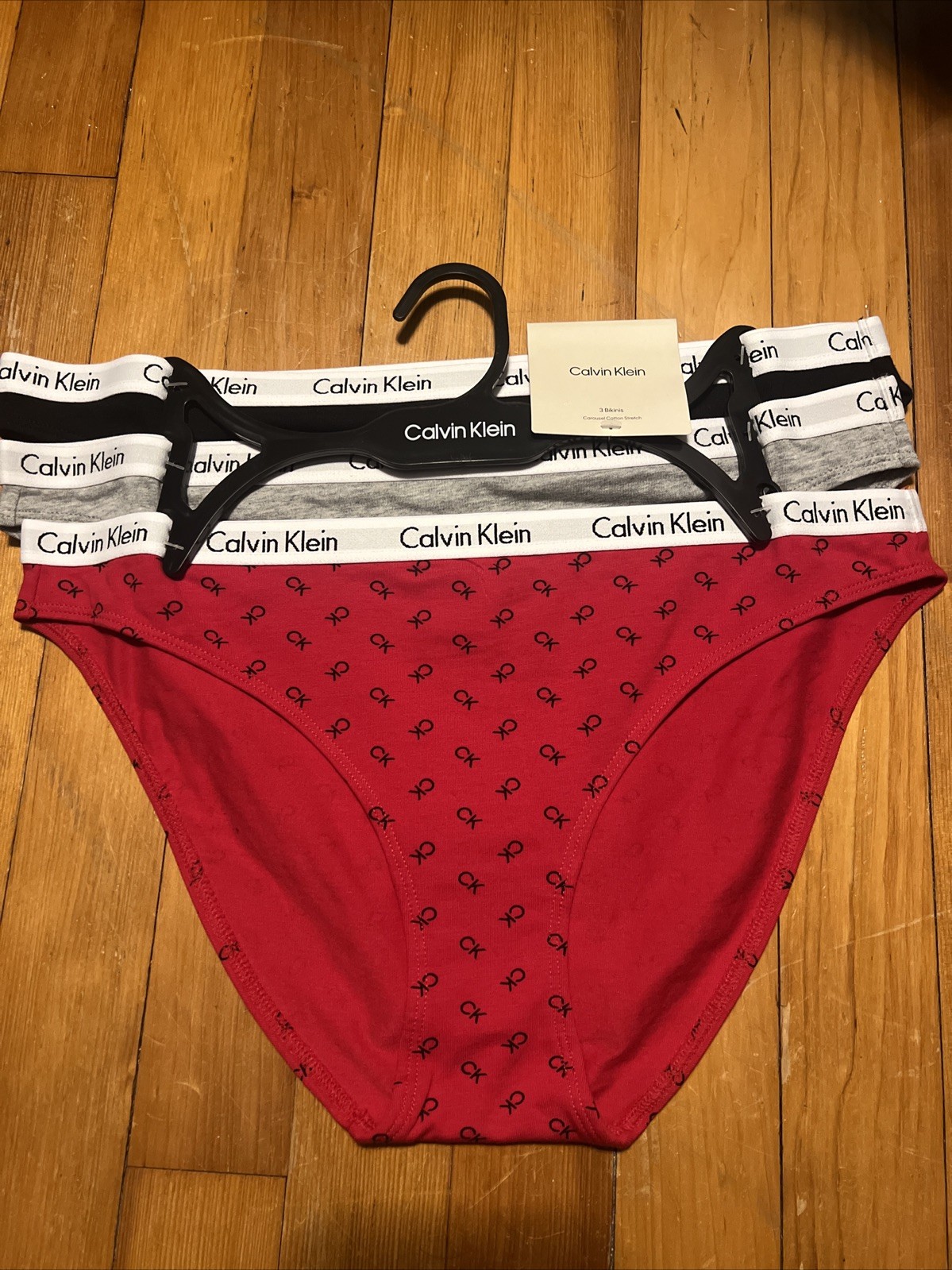 CALVIN KLEIN 3 pack Bikini SZ Large Cotton blend BLACK GRAY RED LOGO color NWT