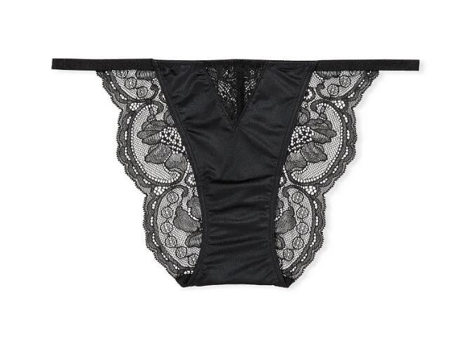 Victorias Secret Silky Black Lace Inset Cheeky Panty Size L Floral Lace Back NWT