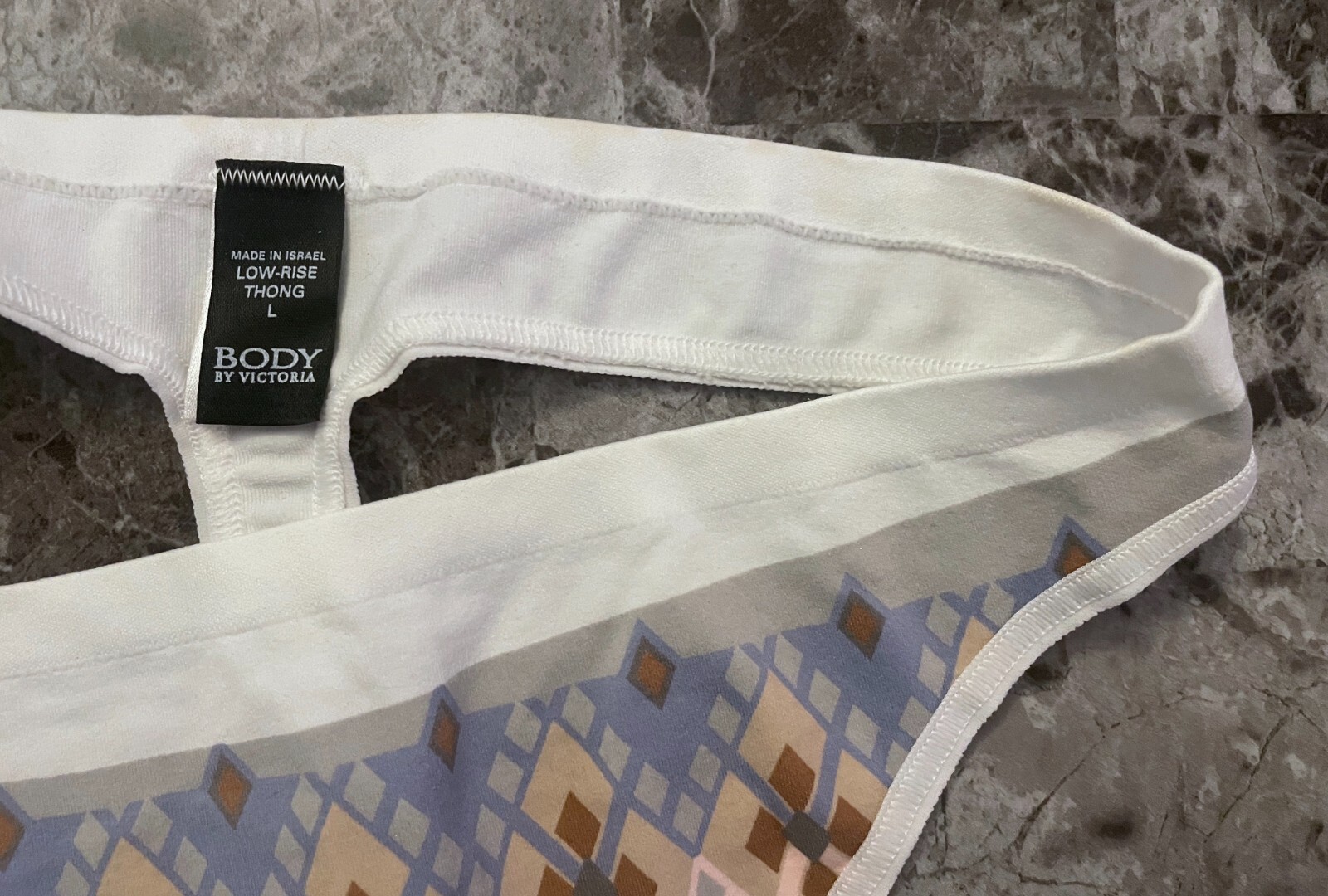 BODY BY VICTORIA’S SECRET L WHITE GEOMETRIC SEAMLESS VINTAGE RARE THONG PANTIES