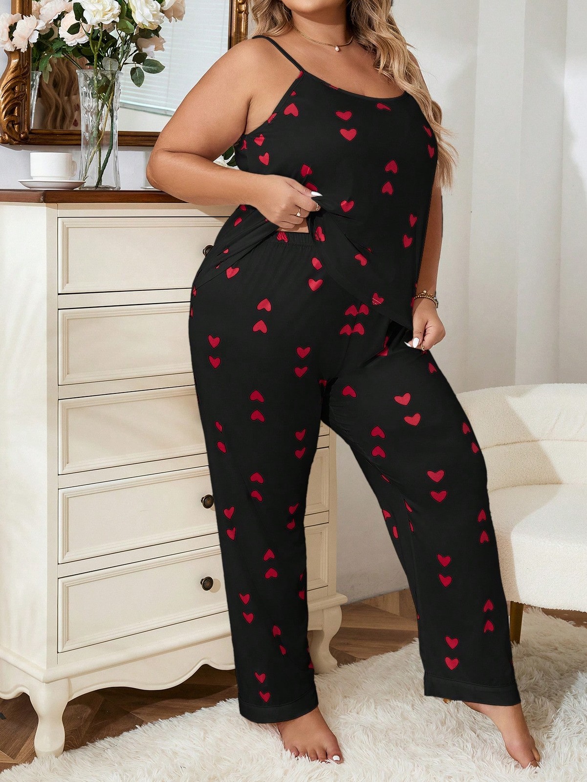 Comfy Plus Size Pyjama Set With Heart Pattern Strappy Top And Trousers Cheap24