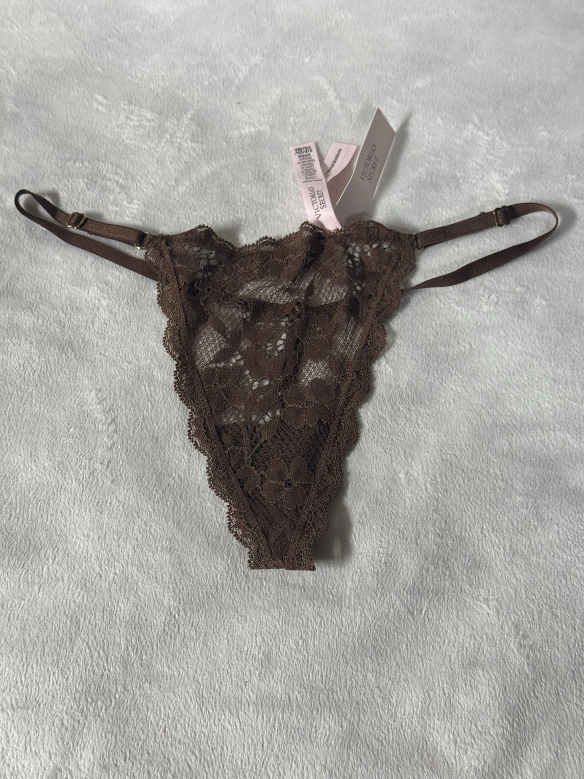 Victoria’s Secret NWT Brown Floral Lace V-String Thong Panty Rose Small