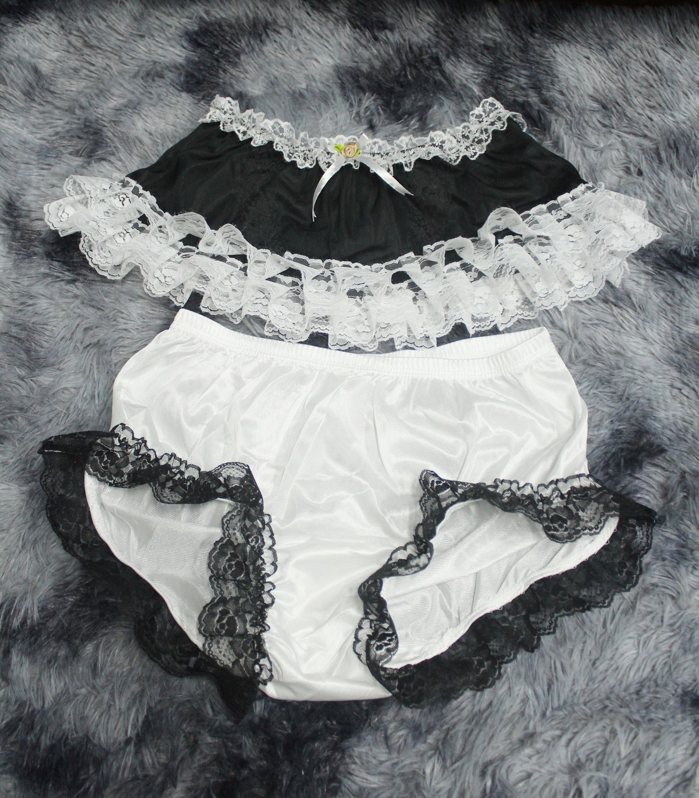 #A329 2XL/ElasticW.24-42″ Vintage Style 2PCS Black Nylon Half Slip + White Brief
