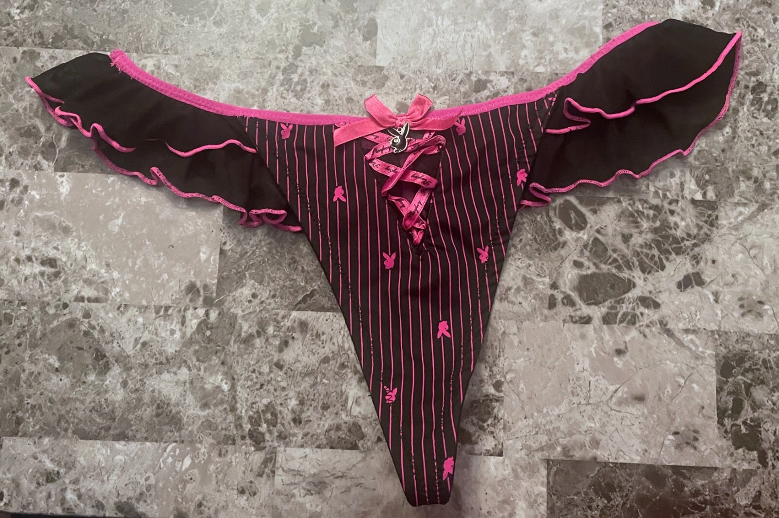NWOT PLAYBOY L SMOOTH PINK STRIPE LACE UP BOW BUNNY CHARM RARE V STRING PANTIES