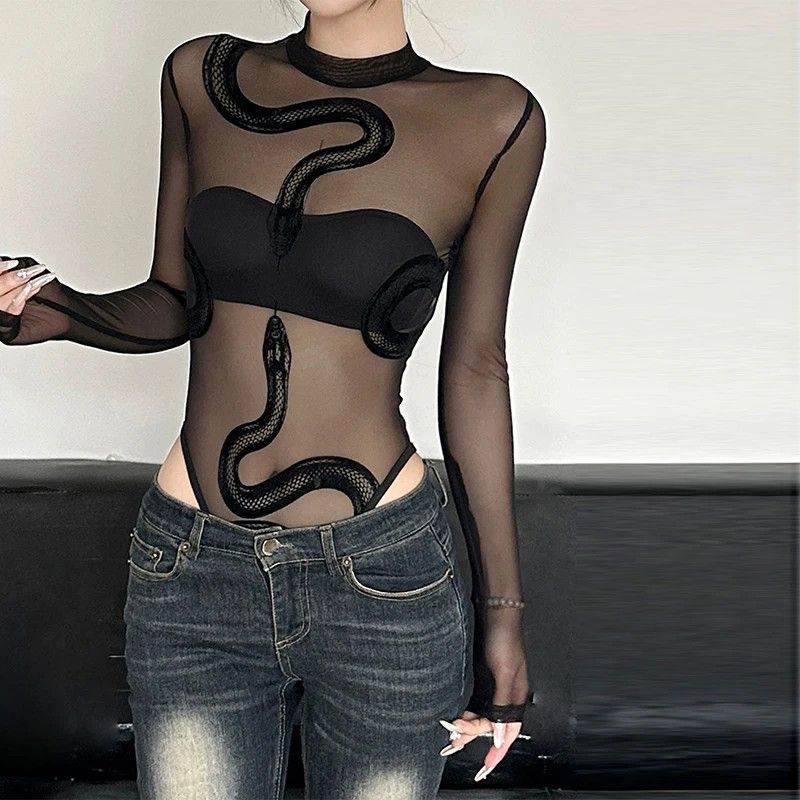 New spicy girl snake print perspective sexy splicing round neck mesh bodysuits