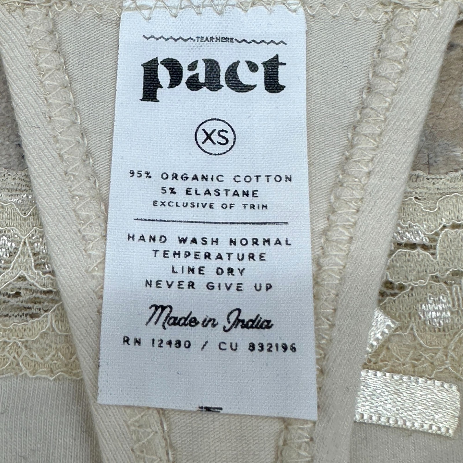 Pact Womens Cream Lace Trim Thong Panty Set Organic Cotton XS Underwear New