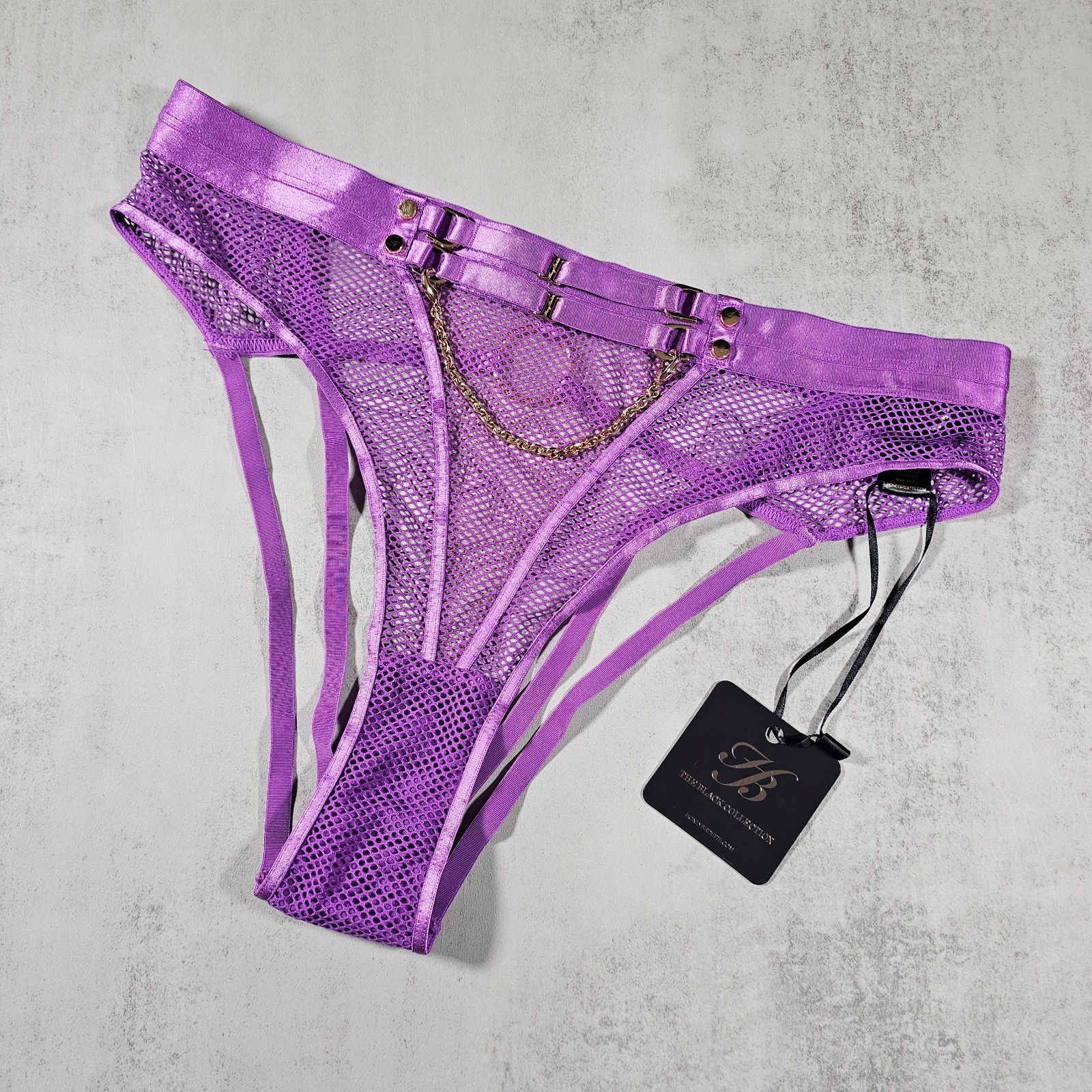 Honey Birdette Jasmin Amethyst Purple Strappy Mesh Open Back Brief Panty Size L
