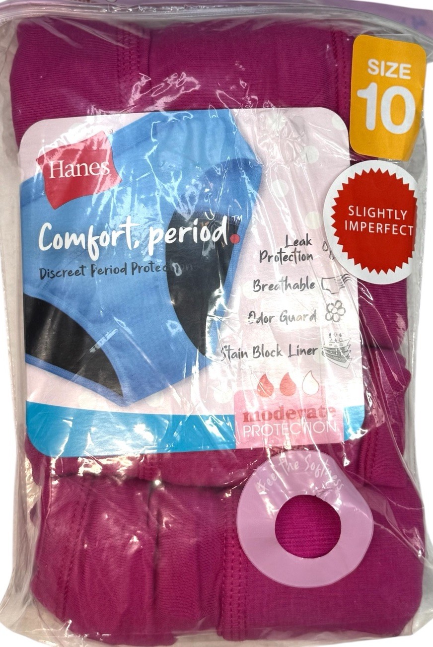 Hanes Comfort Period 4-Pack Hipster Underwear Moderate Protection Pink Size 10