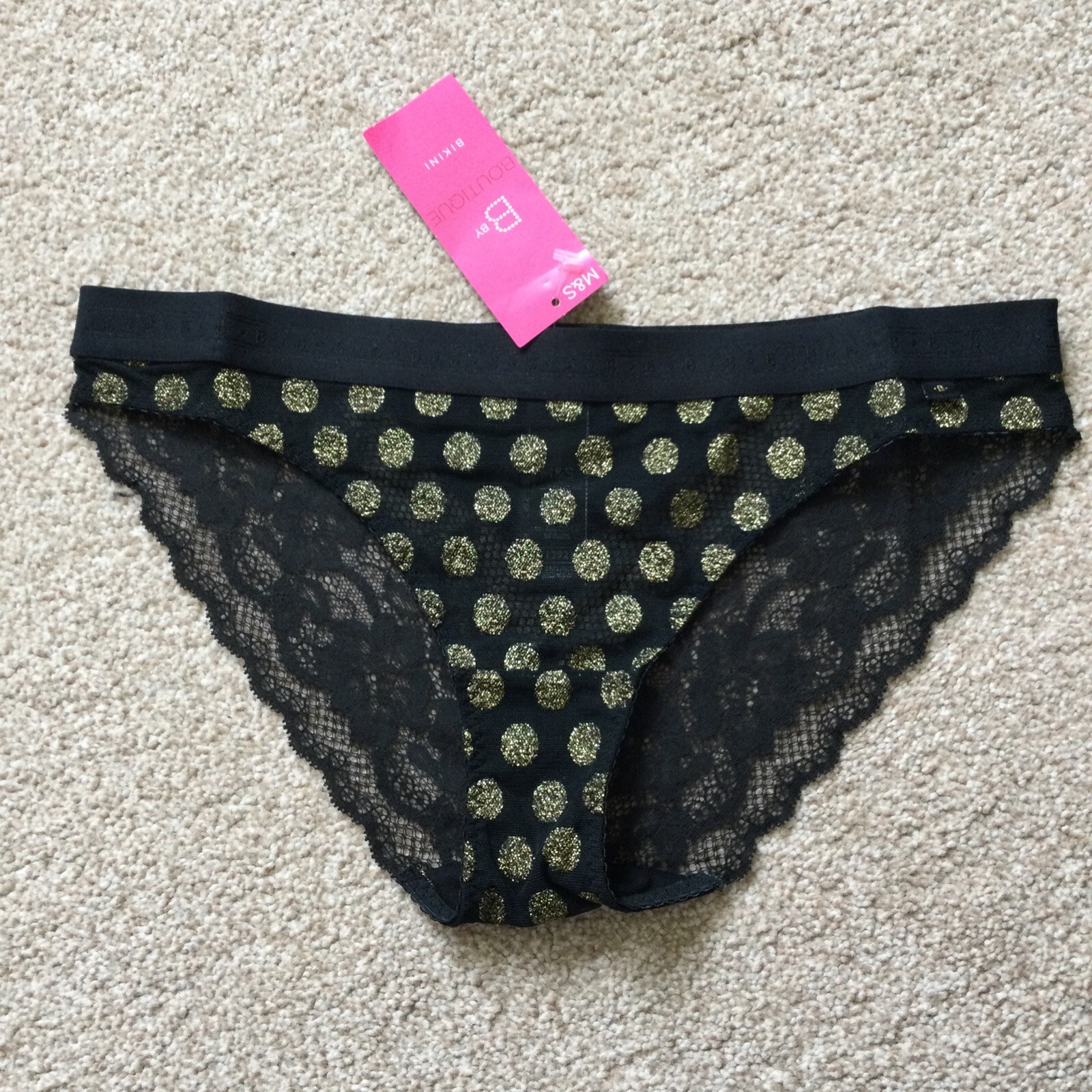 2 x M&S Size 8 – 10 Small Boutique Pretty Bikini Knickers Black Gold Mesh S