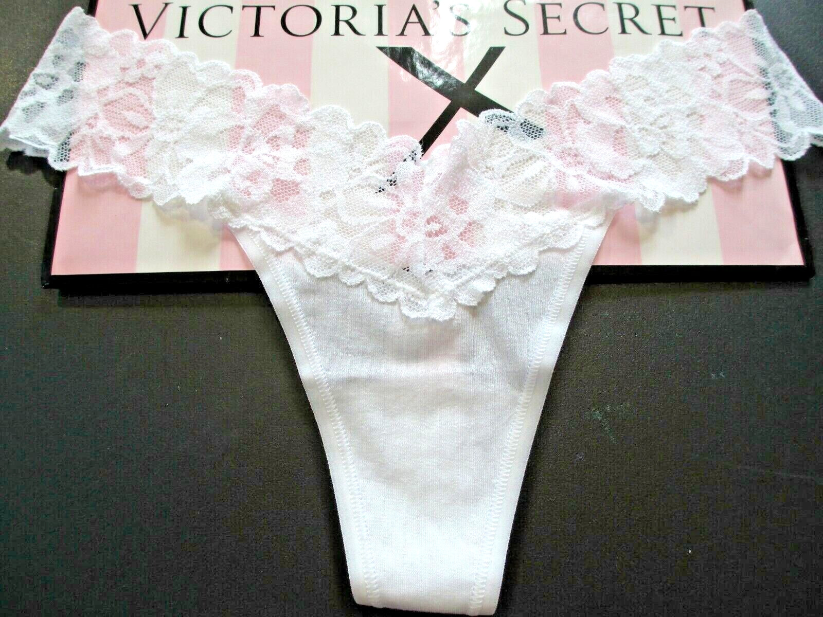VICTORIA’S SECRET Cotton Thong Panty L XL White NWT Lace Waist VS
