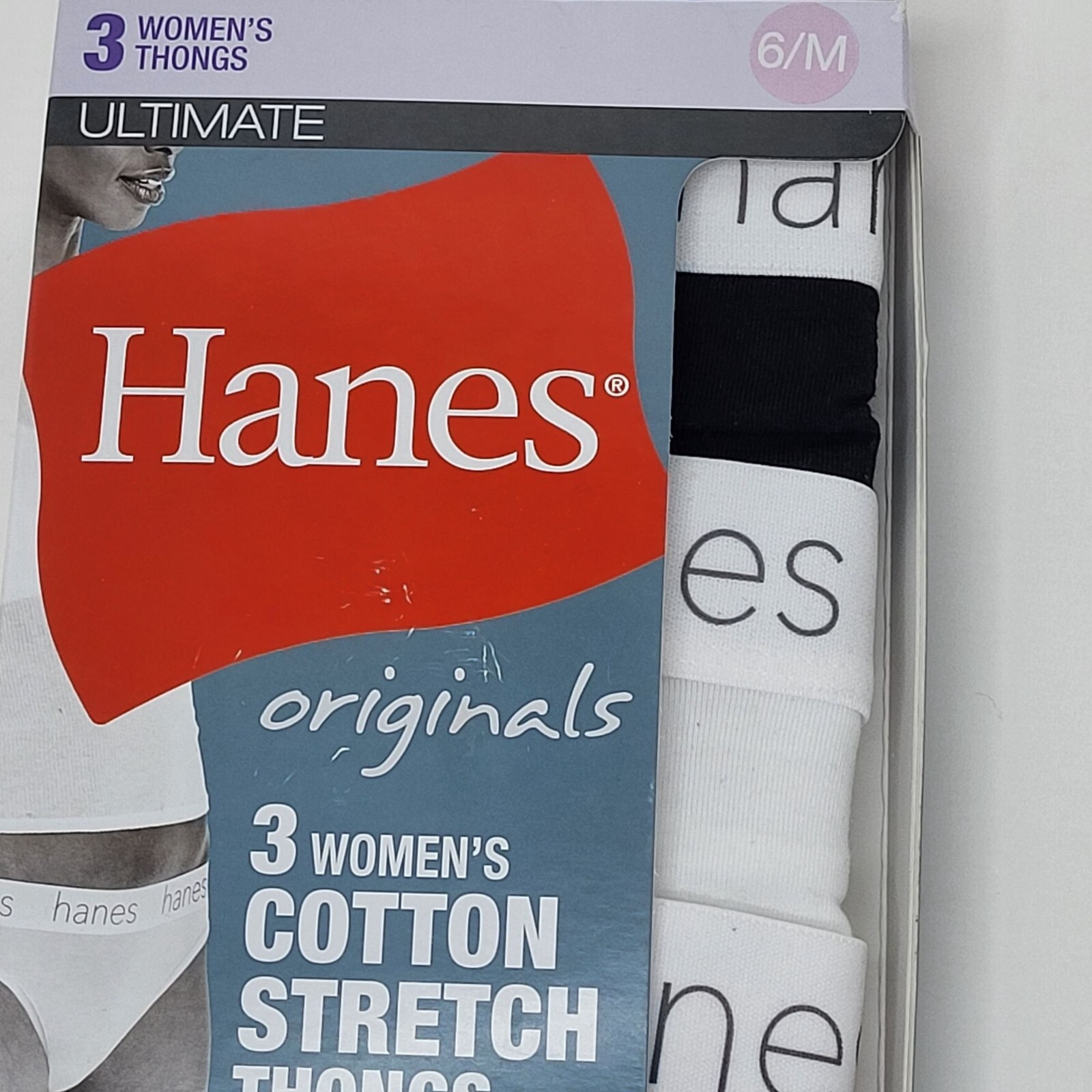 NWT HANES Womens 3 Pk Ultimate Stretch Cotton Thong Panty – Red,White,Black – 6M