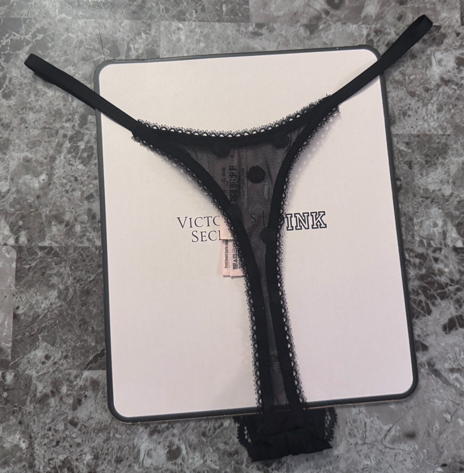 NWT VICTORIA’S SECRET BLACK STRIPE POLKA DOT MESH LACE KEYHOLE BOW THONG PANTIES