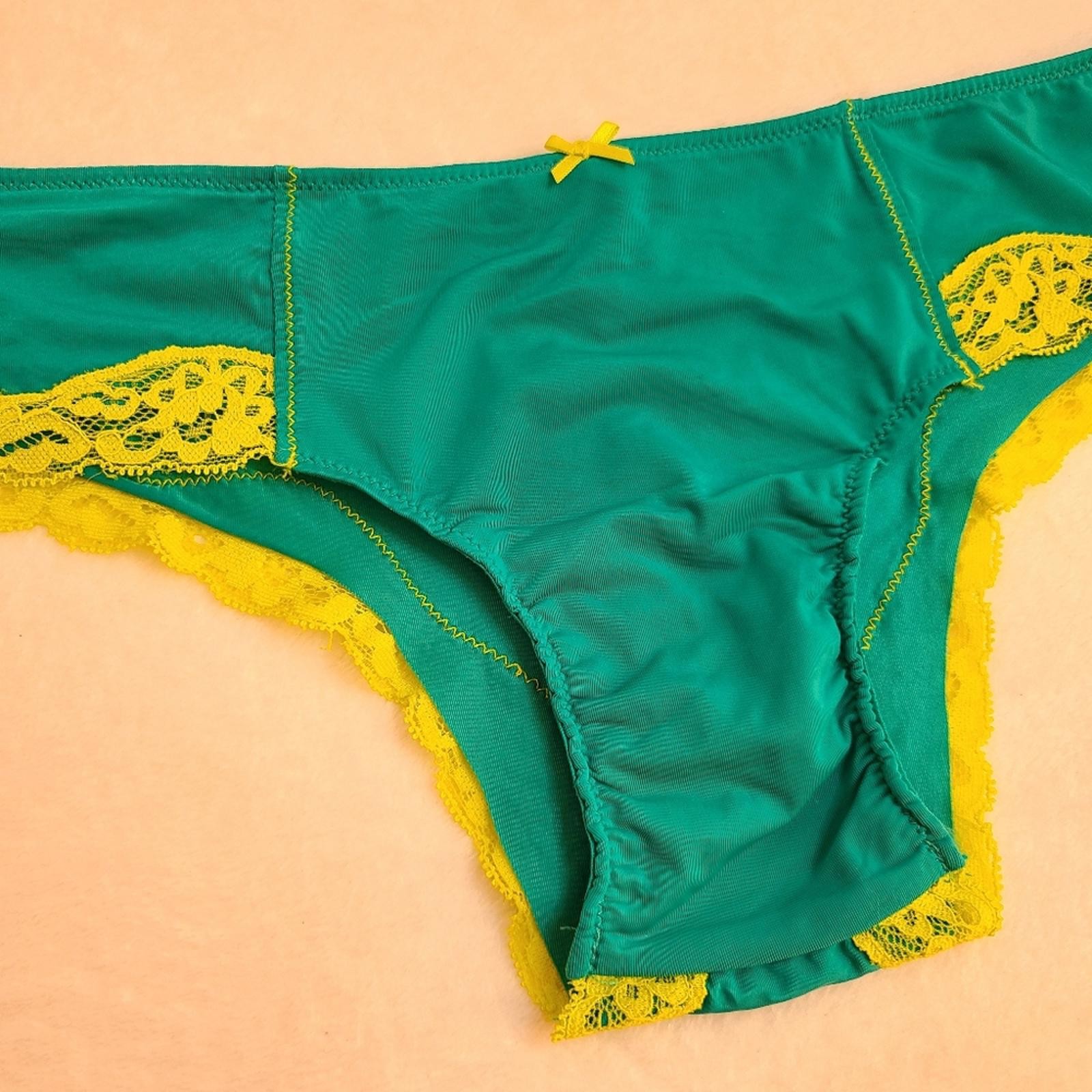 VTG Aerie Silky Satin Lace Classic Cheeky Panty Size M Neon Blue Green