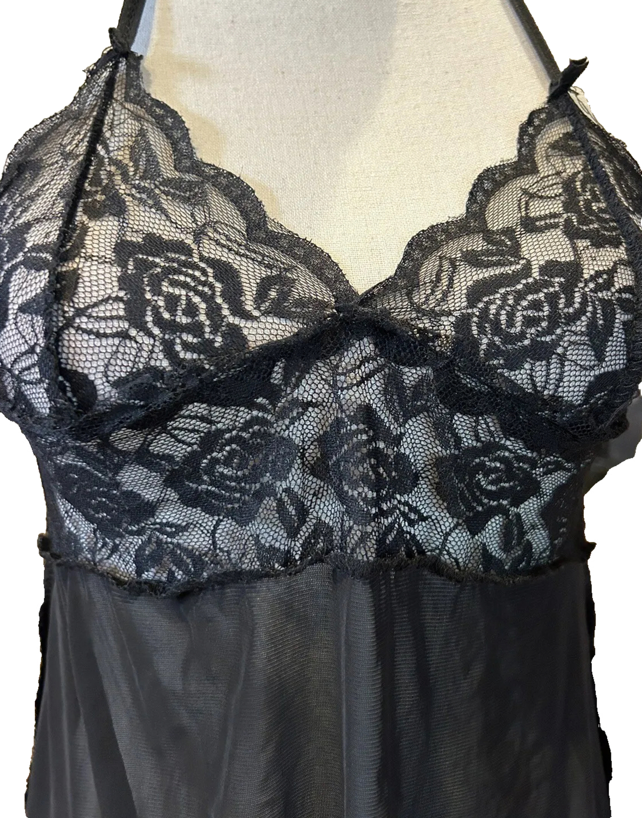 💋Black Halter Neck Lace Mesh Tie Neck Nightie Shirt Baby Doll Sz Small