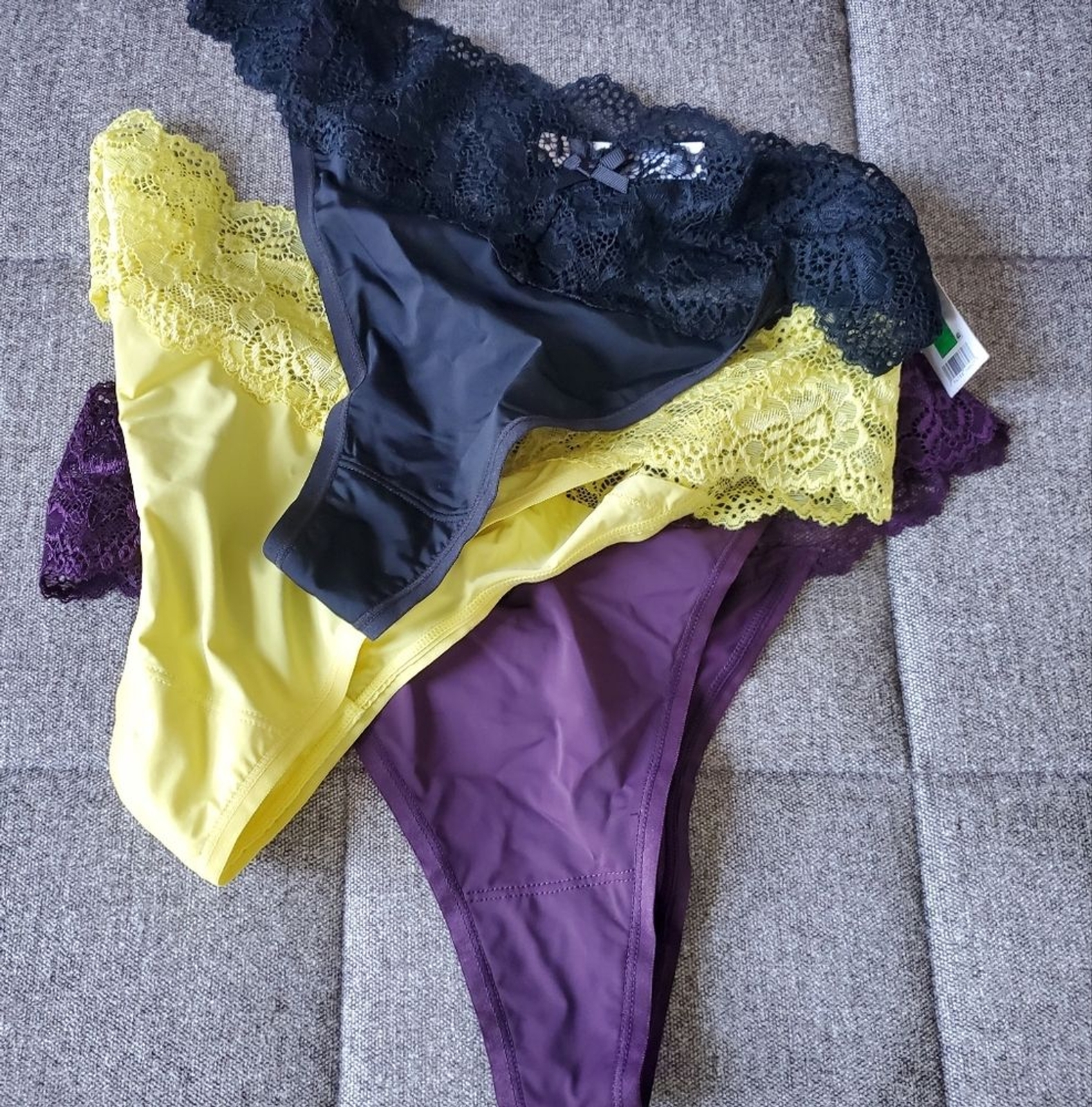 Skarlett Blue 3-Pack Goddess Lace Thongs in Black/Yellow/Purple Size L