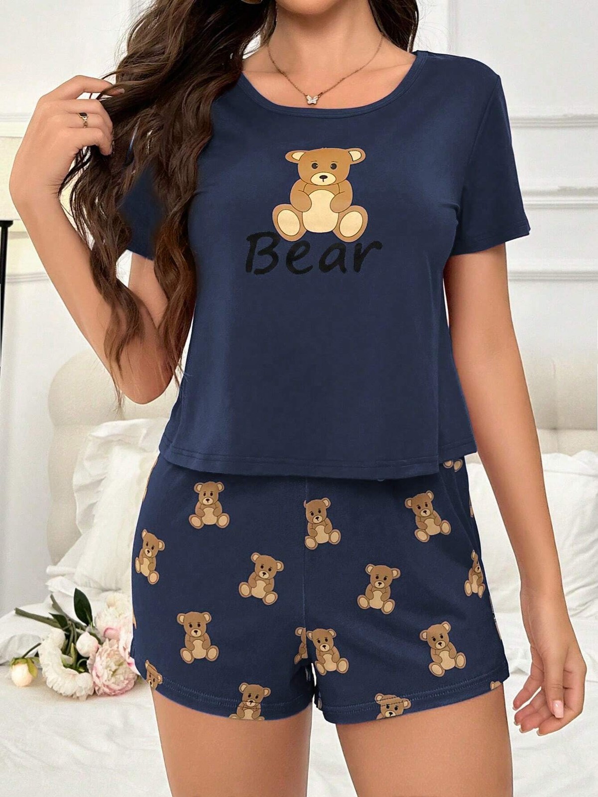 Comfy Plus Size Bear Print Short Sleeve T Shirt and Shorts Pyjama Set Cheap24