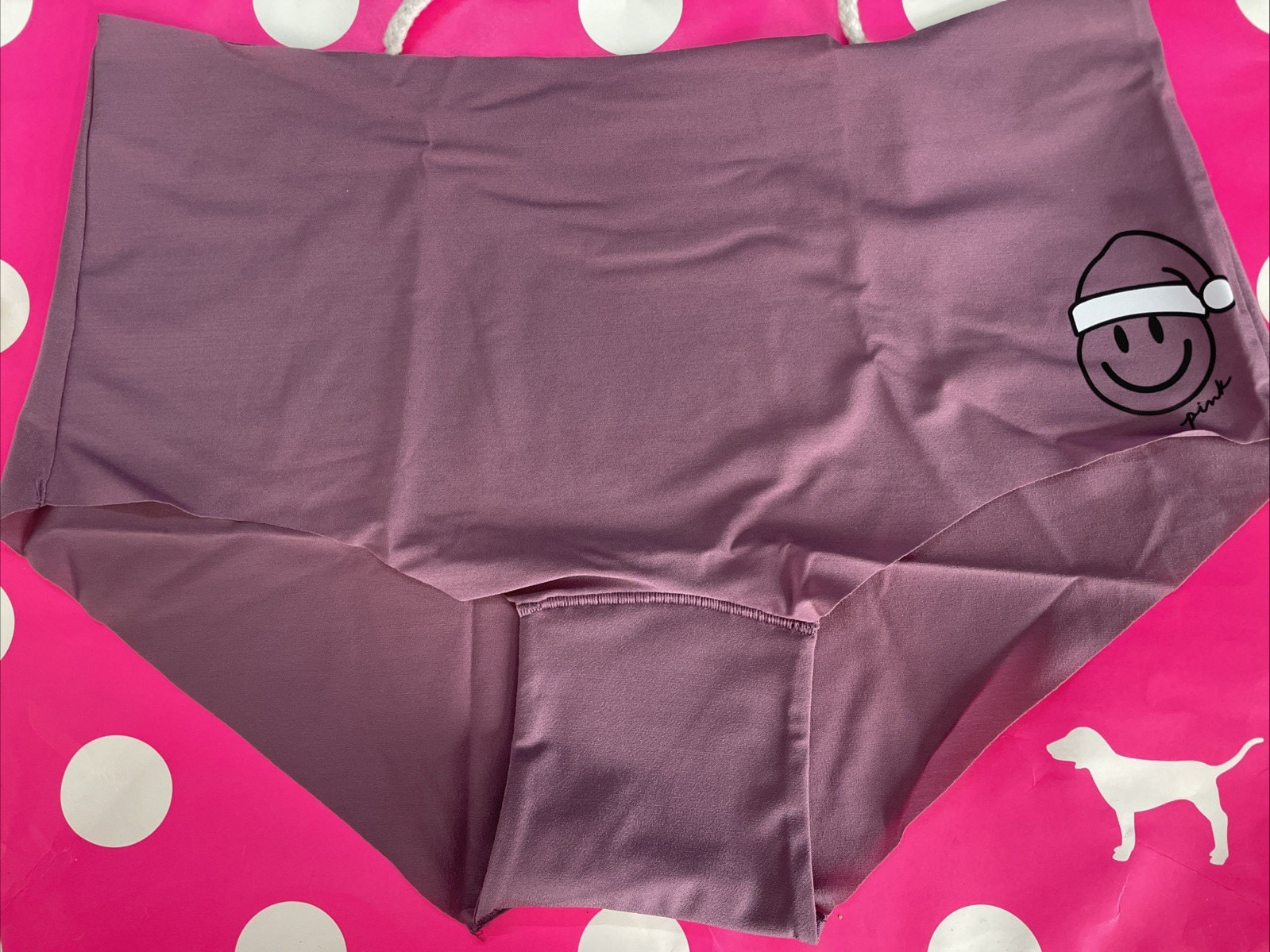 NEW 2021 Victorias Secret PINK Boyshort Panties No Show M Santa Smiley Purple