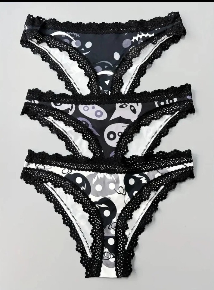 (44) 3 Black Lace Stitching Mid Waist Sexy Halloween Briefs Size 16 UK XL