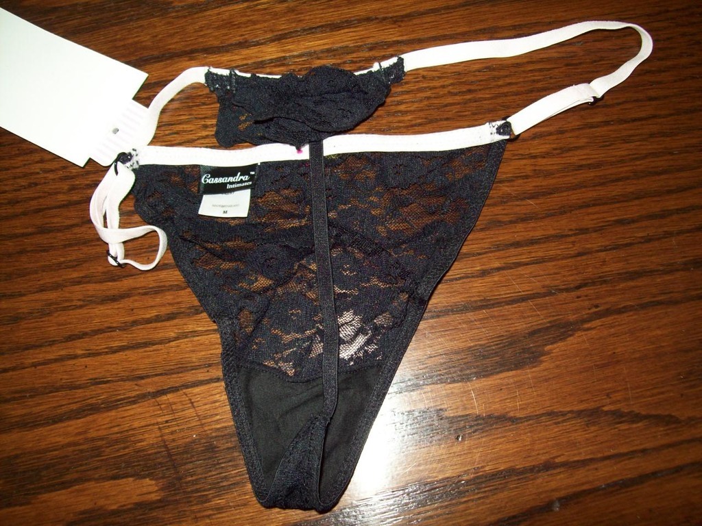 NWT CASSANDRA ADJUSTABLE SIDE LACE G-STRING THONG PANTIES ROSETTE 52287 BLK S M