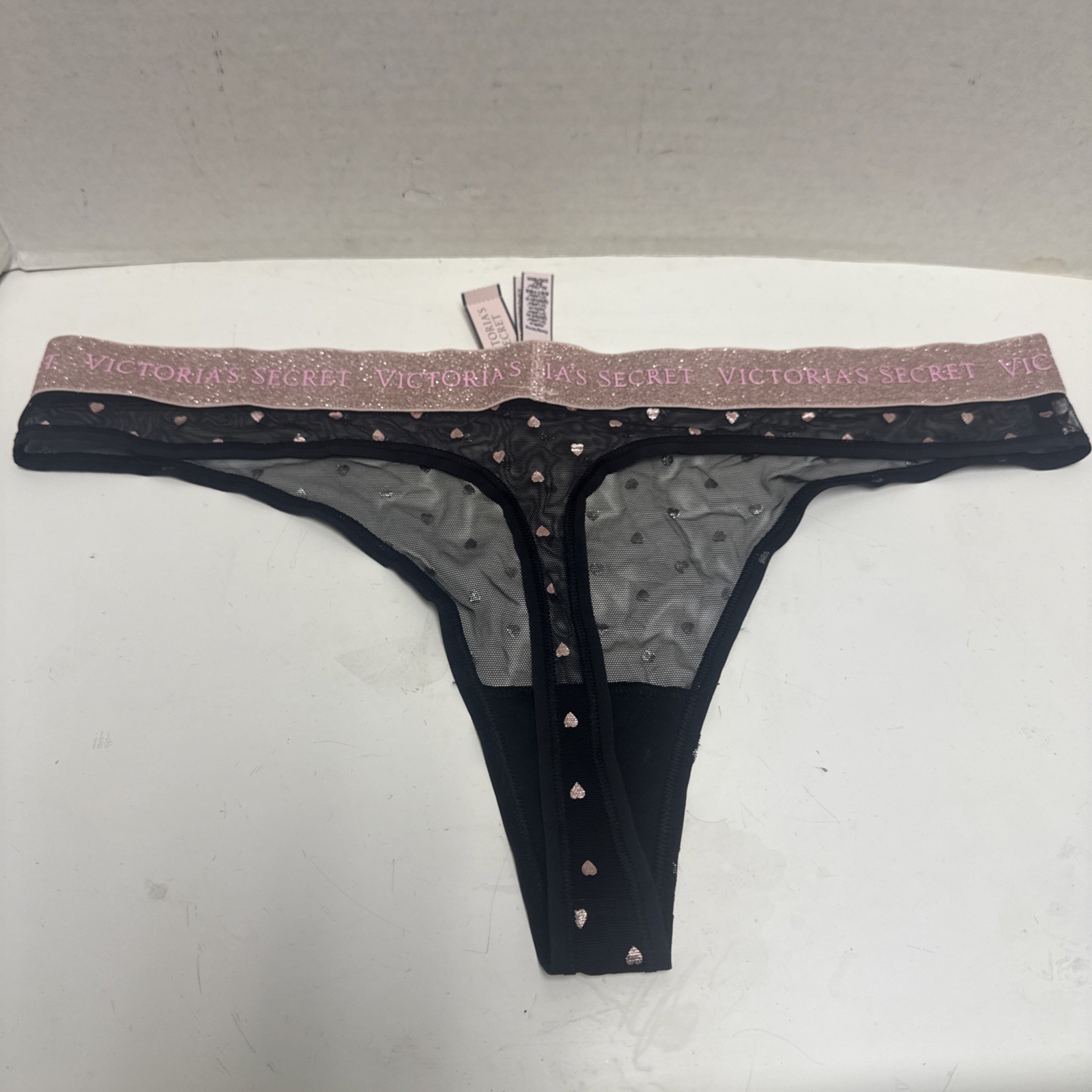 Victoria’s Secret Black Polyester Mesh Pink Glitter Band Thong Panties Sz XL New