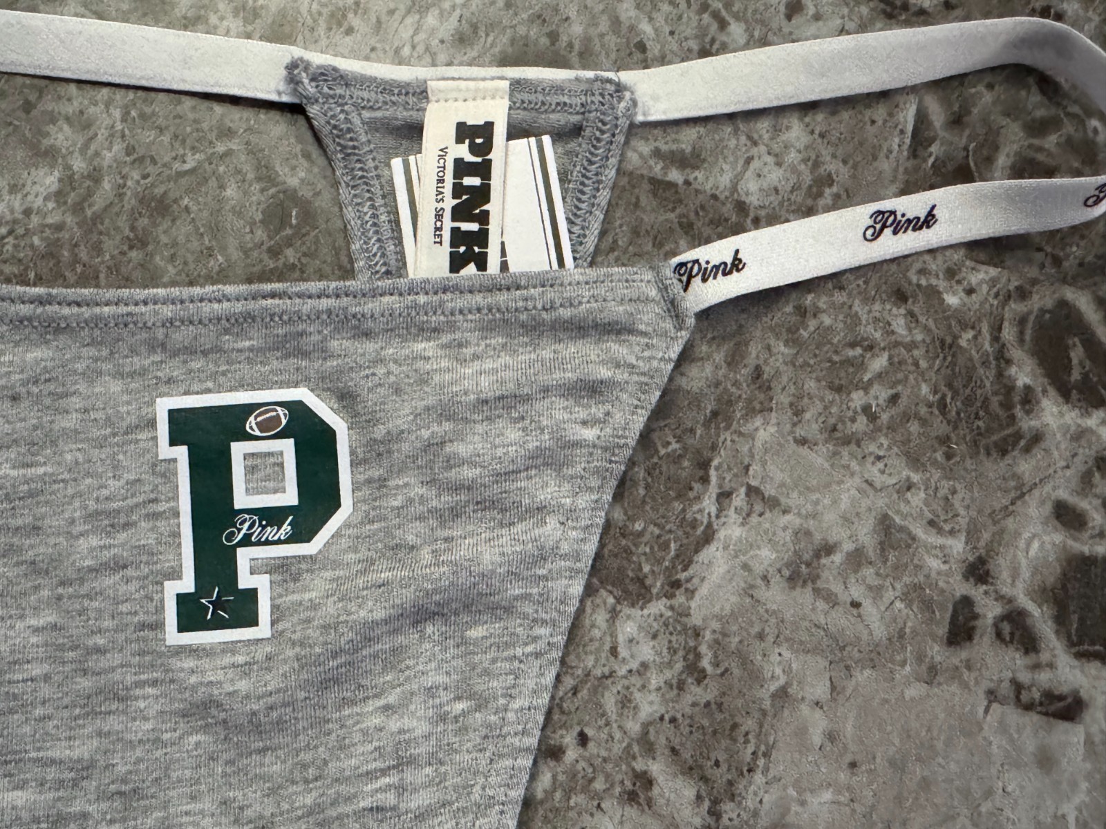 VICTORIA’S SECRET PINK GRAY FOOTBALL STAR LOGO SIDE STRAP HIGH LEG THONG PANTIES