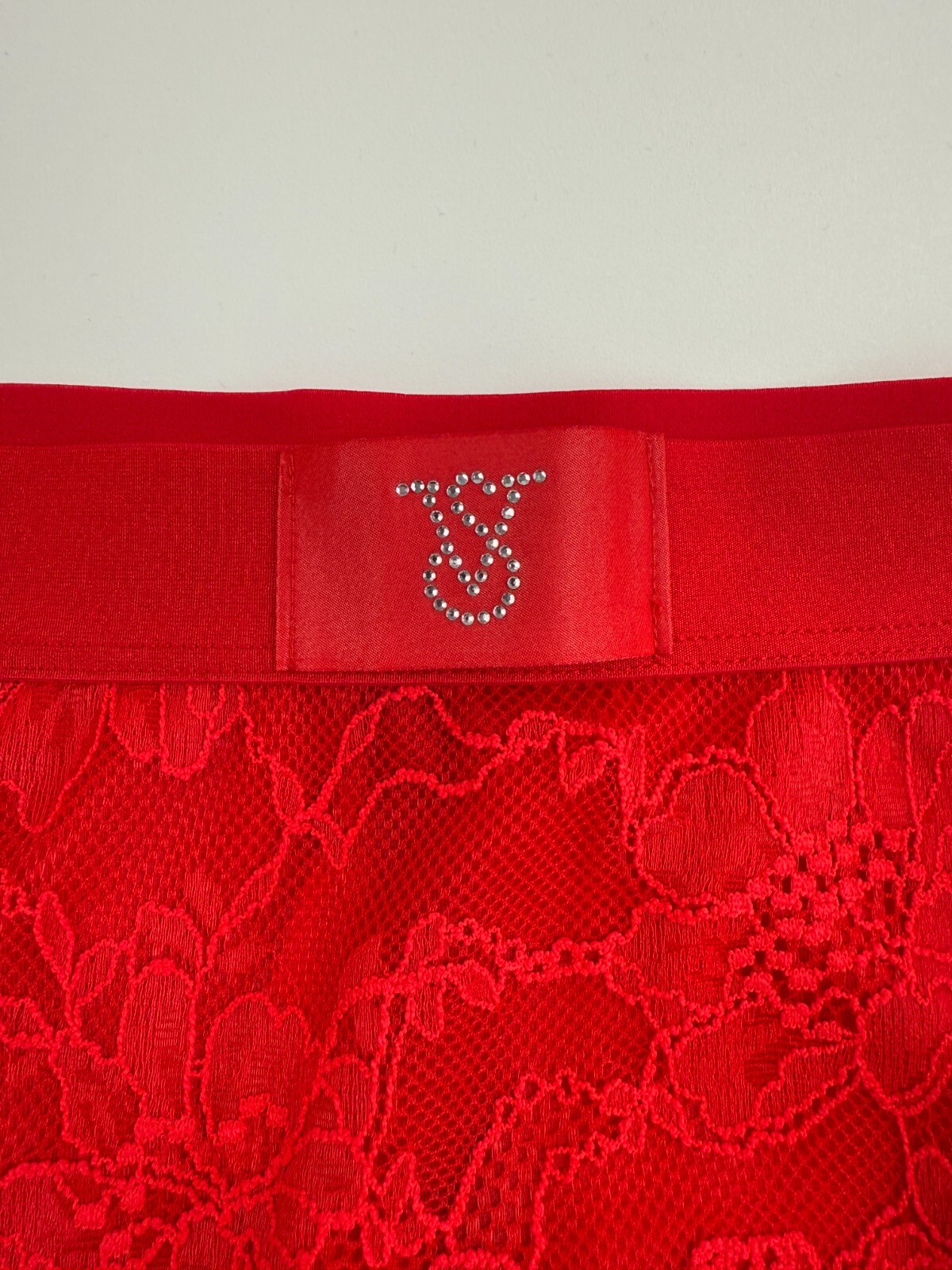Victoria’s Secret Lace Brazilian Slip w/ Bling VS Waistband Logo Red Sz S NWT