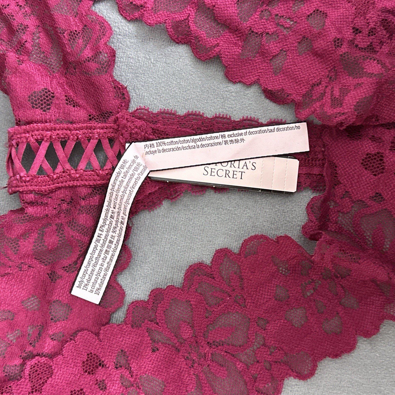 Victoria’s Secret Thong Panty Wide Lace Faux Corset Tie Up Size XL New NWT Pink
