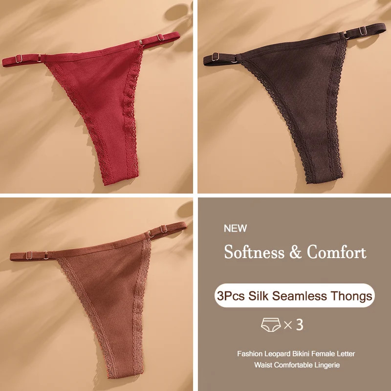 Low Rise Thong Panties Cotton Seamless Stretch Breathable Adjustable Fit 3PCS