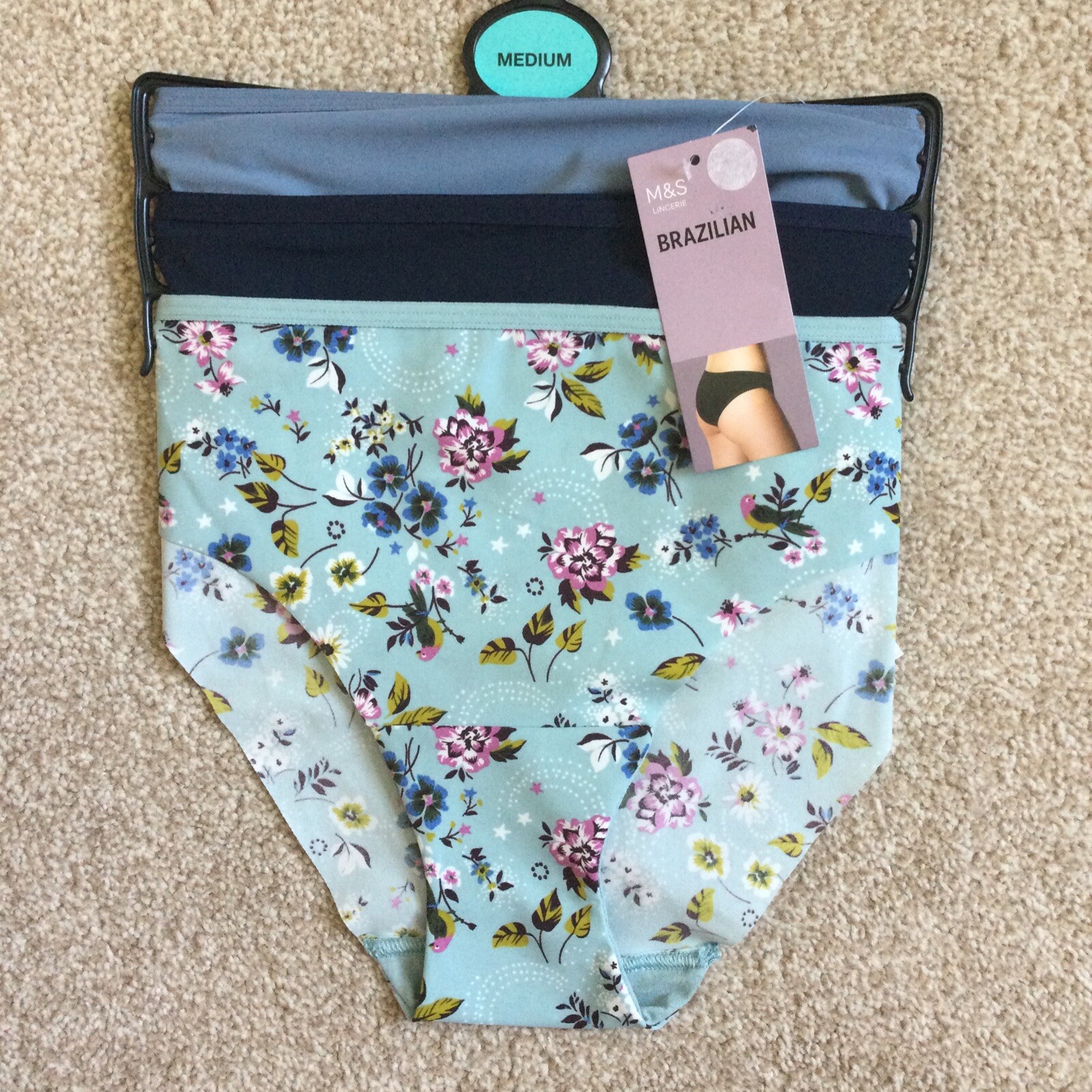 M&S Size MEDIUM Multipack 3 x Brazilian Knickers Blue Dusted Aqua Mix Floral M