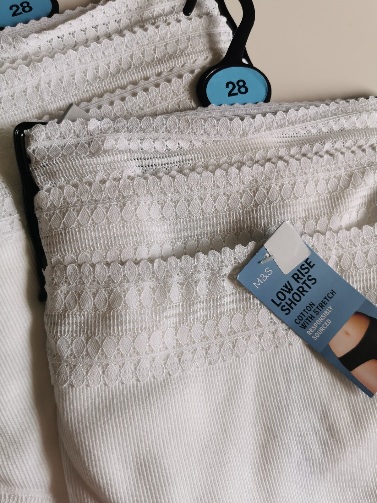 M&S Low Rise Shorts, 2x 3 Packs Size 28, Cotton, White