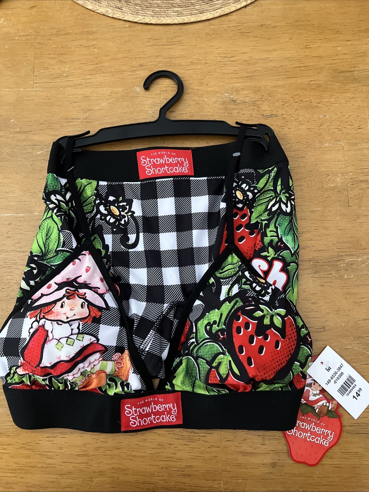 Strawberry Shortcake Bra Panties Set Boy Shorts Cute Black Plaid Red Size M G3