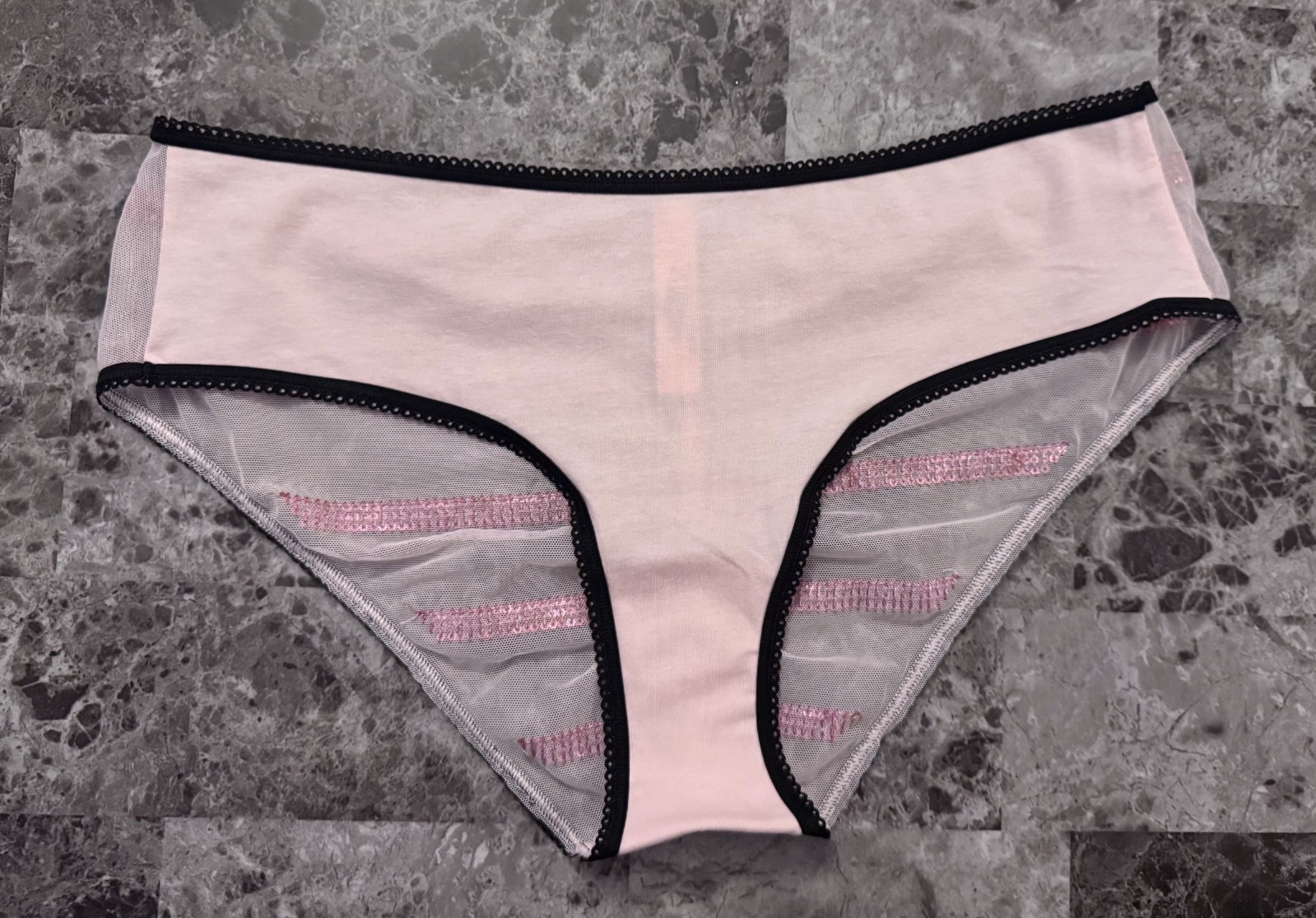 VICTORIA’S SECRET L PINK SEQUIN STRIPE MESH RUCHED BACK RARE HIPHUGGER PANTIES