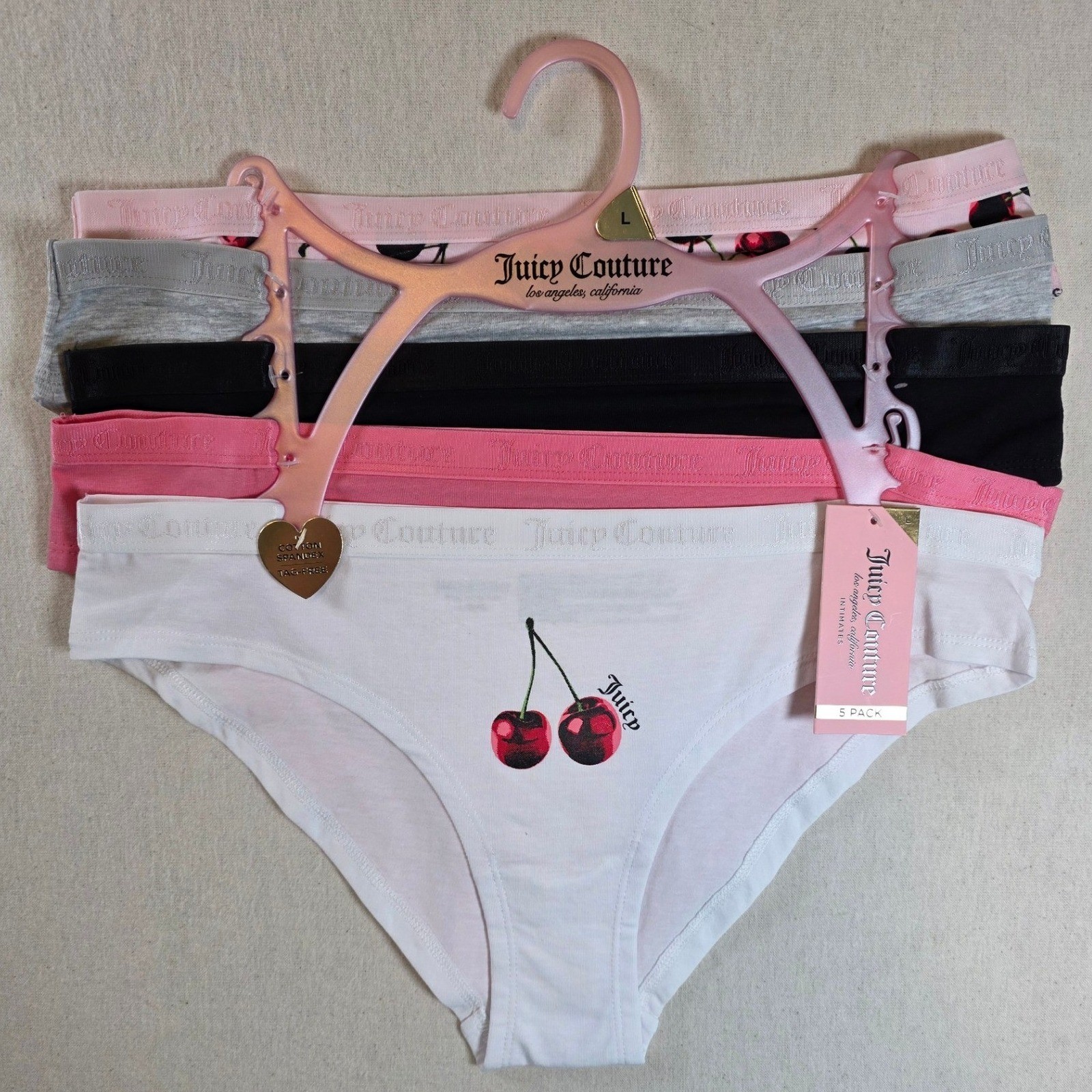 Juicy Couture Womens Large Multi Cherry Logo Bikini Panties 5-Pack NEW Y2K