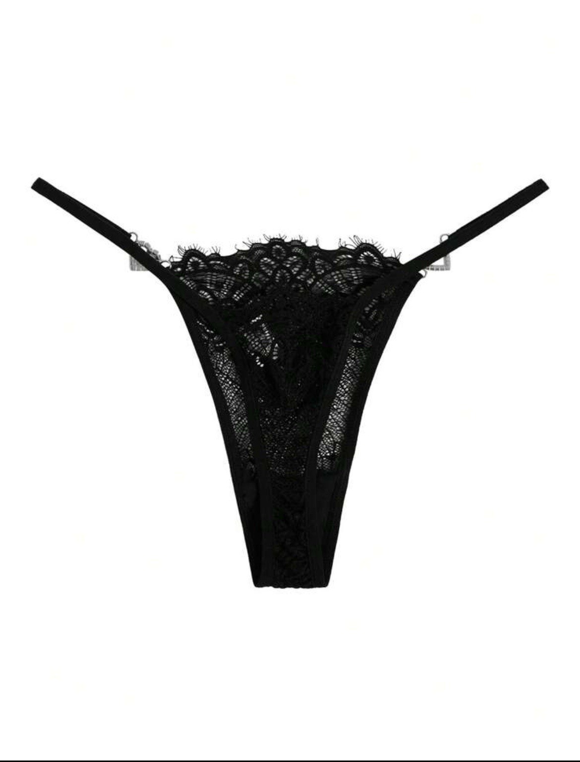 ROMWE Gothic Black Lace Thong Panty Rhinestone Hearts y2k Cute Kawaii Sz Medium