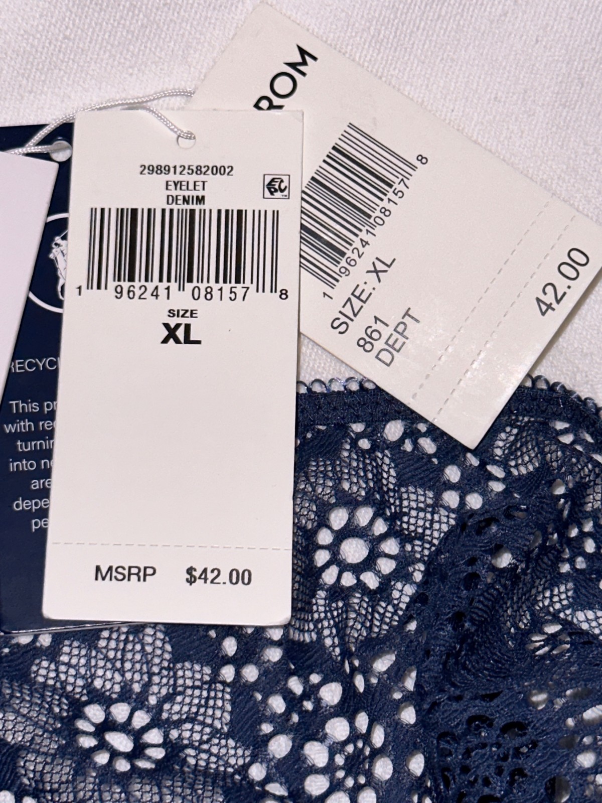 POLO RALPH LAUREN Eyelet Lace Hip Hugger Denim Blue Hipster Panty Women L 7 XL 8