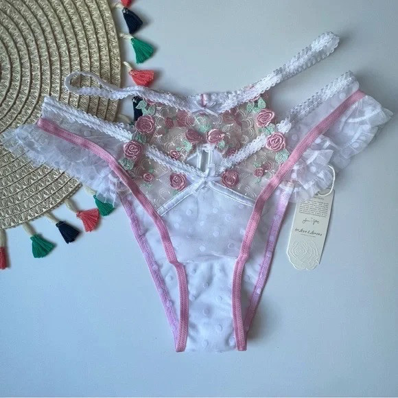 For Love And Lemons Pointelle Roses Cheeky Panty Pink/White Small NEW