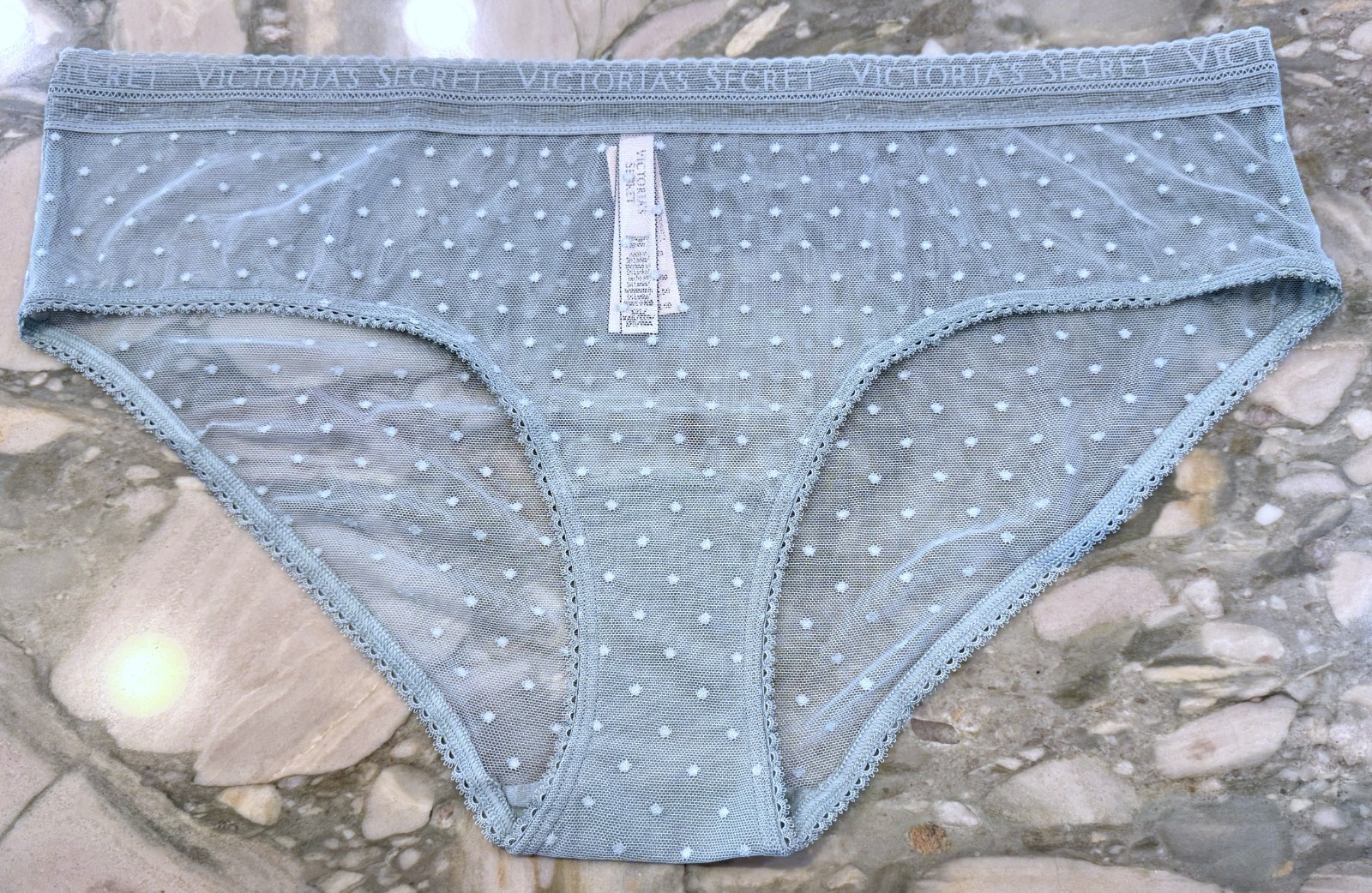 NEW Victoria Secret Logo Waistband Sheer Dot Mesh Hiphugger Sage Dust Green XXL