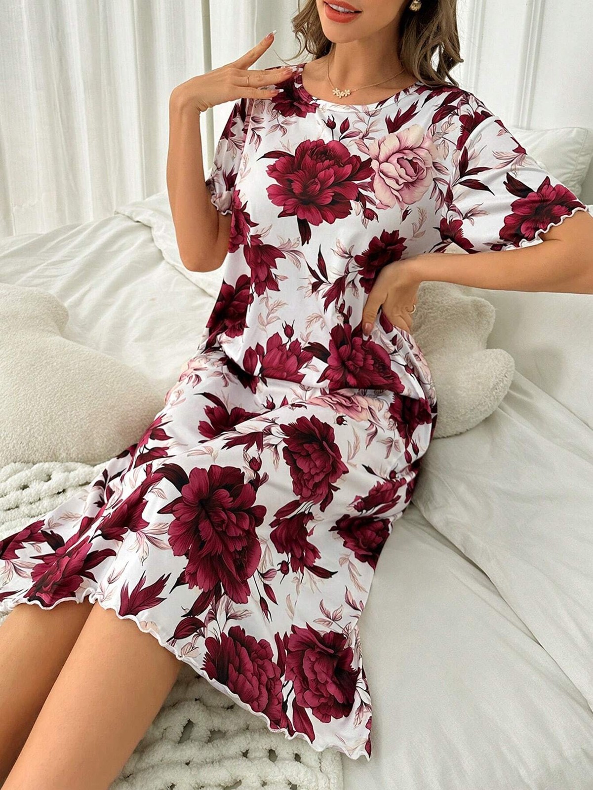 Floral Print Short Sleeve T Shirt Sleep Dress Comfy Loungewear For Cheap24
